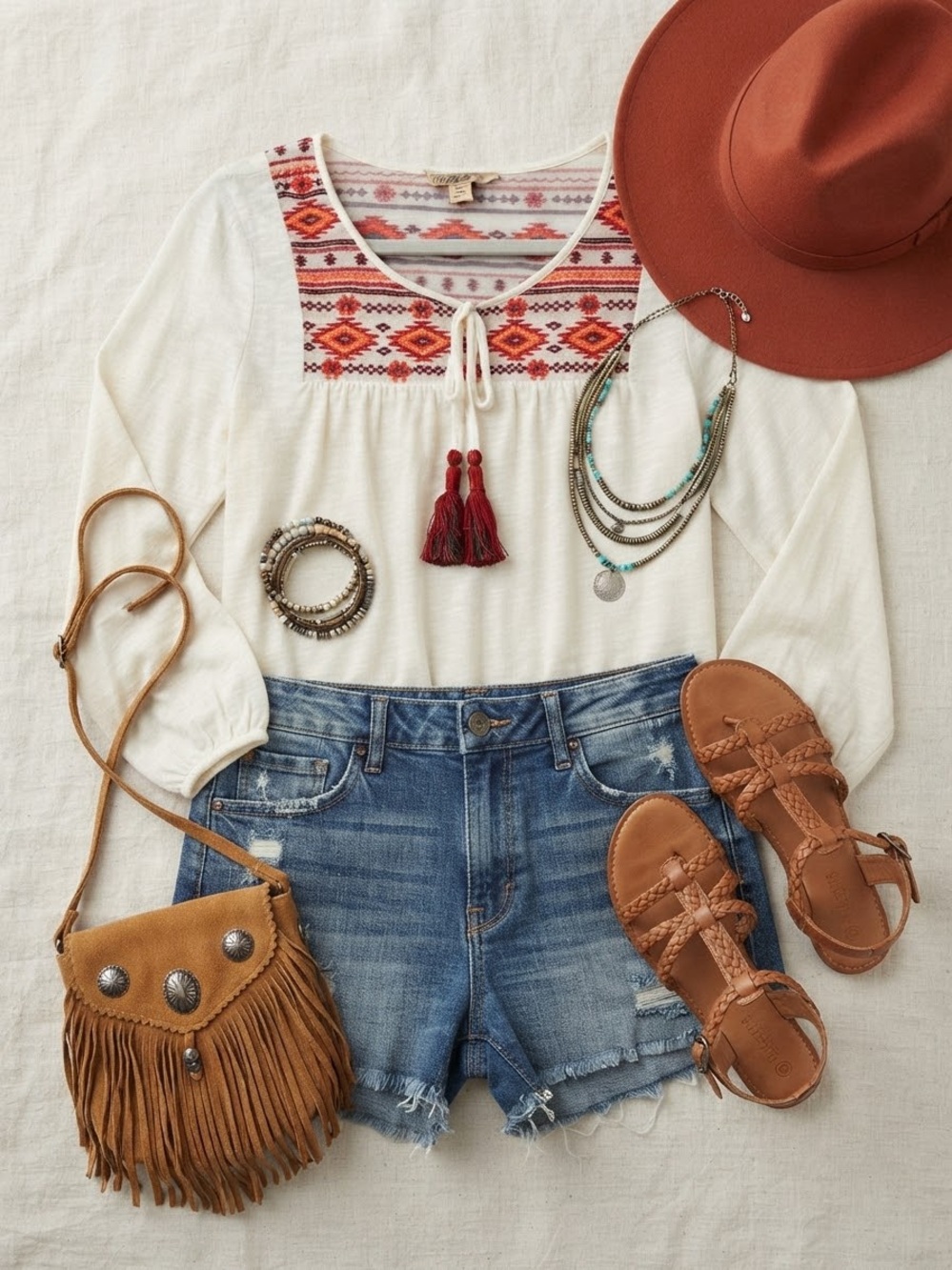 Nine West Cream Tunic with Red and Orange Embroidered Yoke